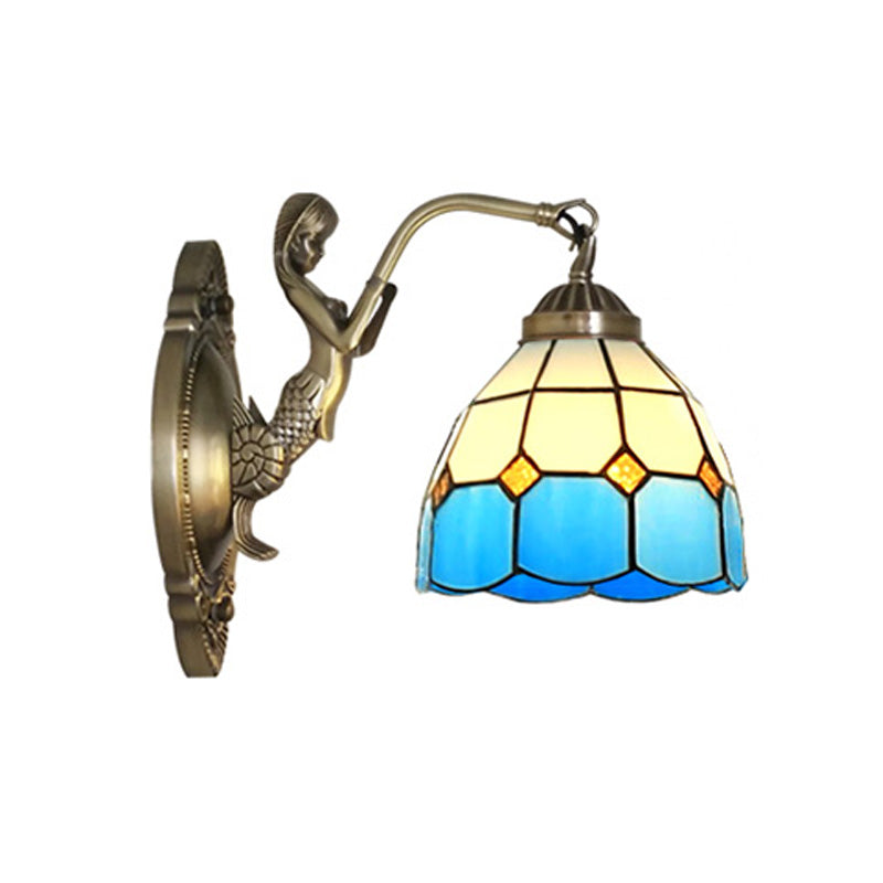Avtoit | 1 Bulb Living Room Wall Mounted Light Baroque Bronze Mermaid Wall Lamp with Grid Dome Dark/Richtersky Blue and White Glass Shade