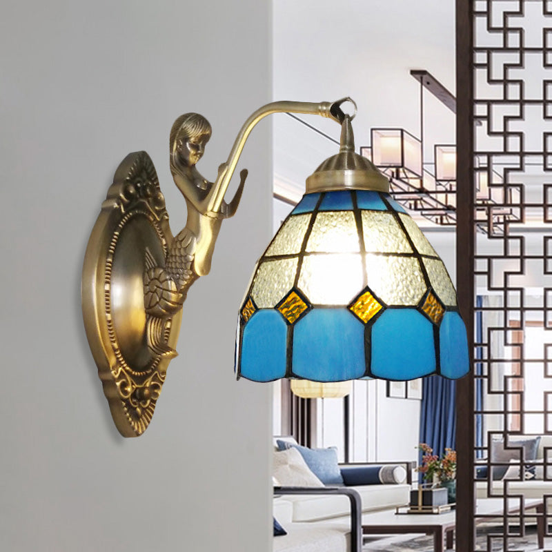 Avtoit | 1 Bulb Living Room Wall Mounted Light Baroque Bronze Mermaid Wall Lamp with Grid Dome Dark/Richtersky Blue and White Glass Shade