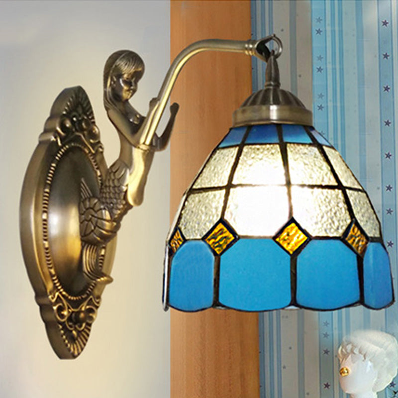 Avtoit | 1 Bulb Living Room Wall Mounted Light Baroque Bronze Mermaid Wall Lamp with Grid Dome Dark/Richtersky Blue and White Glass Shade