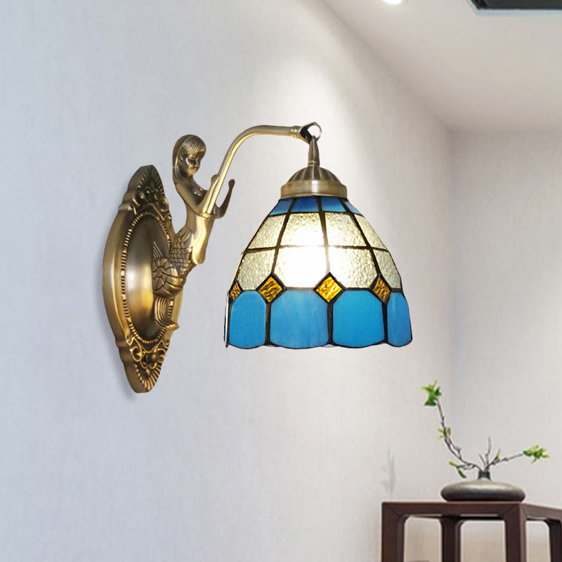Avtoit | 1 Bulb Living Room Wall Mounted Light Baroque Bronze Mermaid Wall Lamp with Grid Dome Dark/Richtersky Blue and White Glass Shade