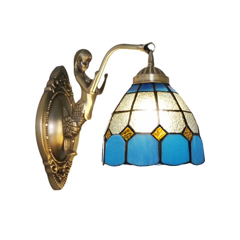 Avtoit | 1 Bulb Living Room Wall Mounted Light Baroque Bronze Mermaid Wall Lamp with Grid Dome Dark/Richtersky Blue and White Glass Shade
