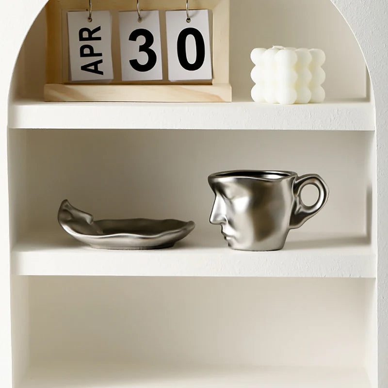 Avtoit | Metal Touching Face Creative Ceramic Kiss Coffee Cup, Artistic Vibe Mug & Saucer Set