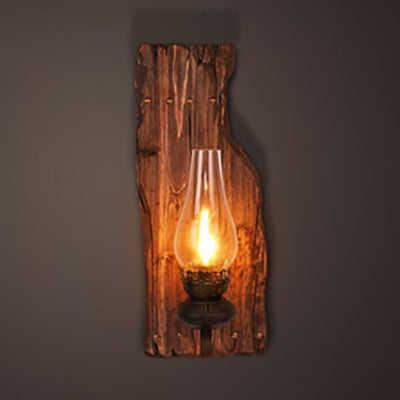 Avtoit | Tear-shaped Clear Glass Wall Lamp Industrial Single Bulb Bedroom Wall Lamp with Wooden Backplate
