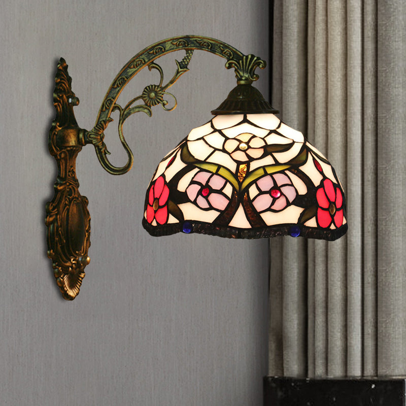 Avtoit | Bronze 1-Light Wall Lighting Fixture Tiffany Cut Glass Peony Pattern Bowl Wall Mount Light