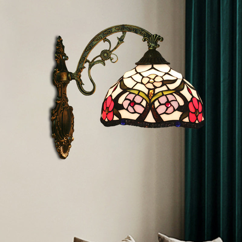 Avtoit | Bronze 1-Light Wall Lighting Fixture Tiffany Cut Glass Peony Pattern Bowl Wall Mount Light