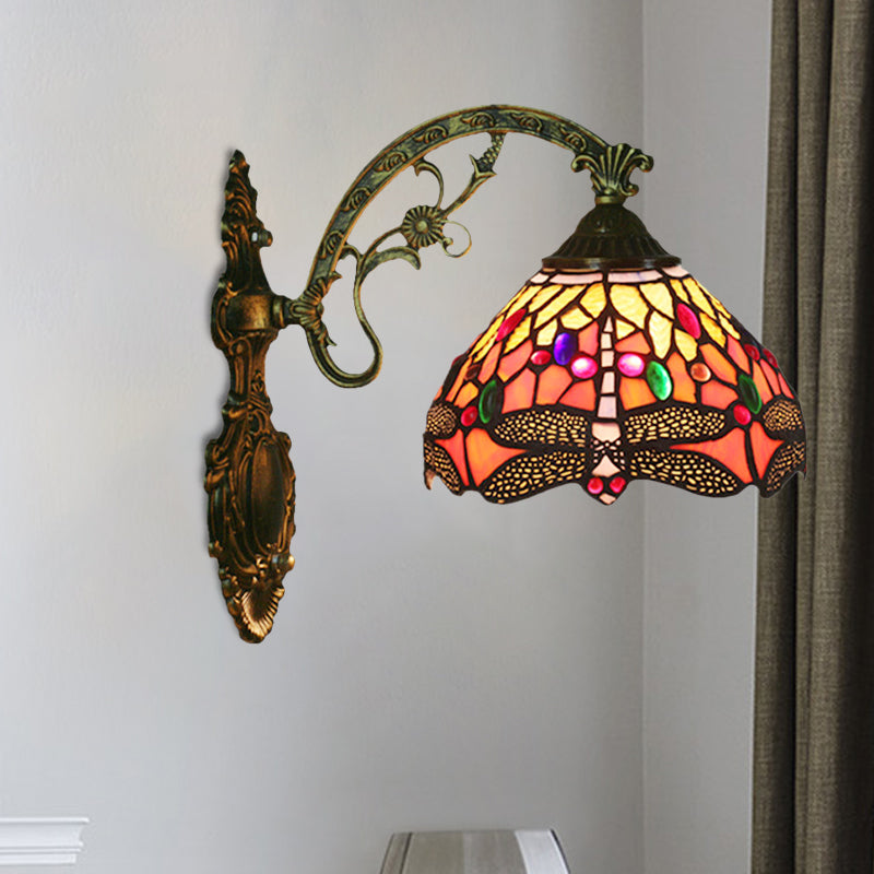 Avtoit | 1-Head Bedroom Wall Mounted Lamp Tiffany Bronze Wall Light with Cone Dragonfly Pattern Glass Shade
