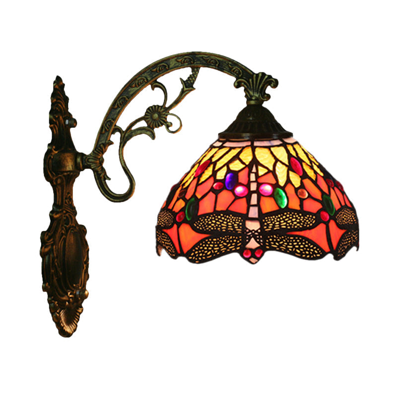 Avtoit | 1-Head Bedroom Wall Mounted Lamp Tiffany Bronze Wall Light with Cone Dragonfly Pattern Glass Shade