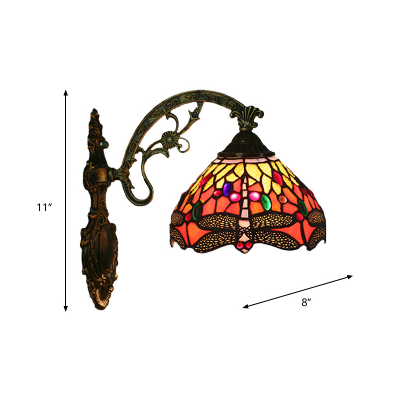 Avtoit | 1-Head Bedroom Wall Mounted Lamp Tiffany Bronze Wall Light with Cone Dragonfly Pattern Glass Shade