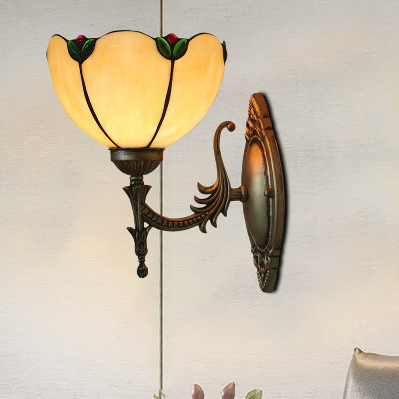 Avtoit | Beige Glass Bud Wall Lamp Vintage 1 Head Brass Finish Wall Light Fixture for Bedroom