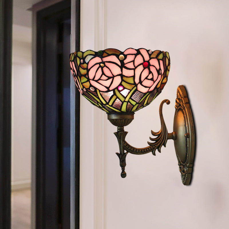 Avtoit | Pink Wall Mounted Lighting Tiffany 1 Lamp Glazed Glass Wall Lamp with Bronze Engraved Arm