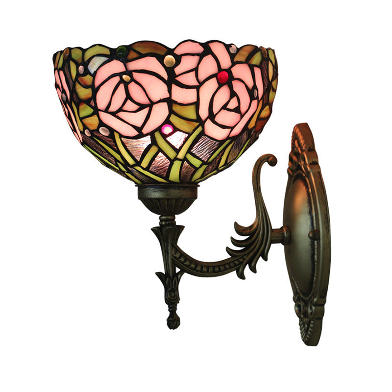 Avtoit | Pink Wall Mounted Lighting Tiffany 1 Lamp Glazed Glass Wall Lamp with Bronze Engraved Arm