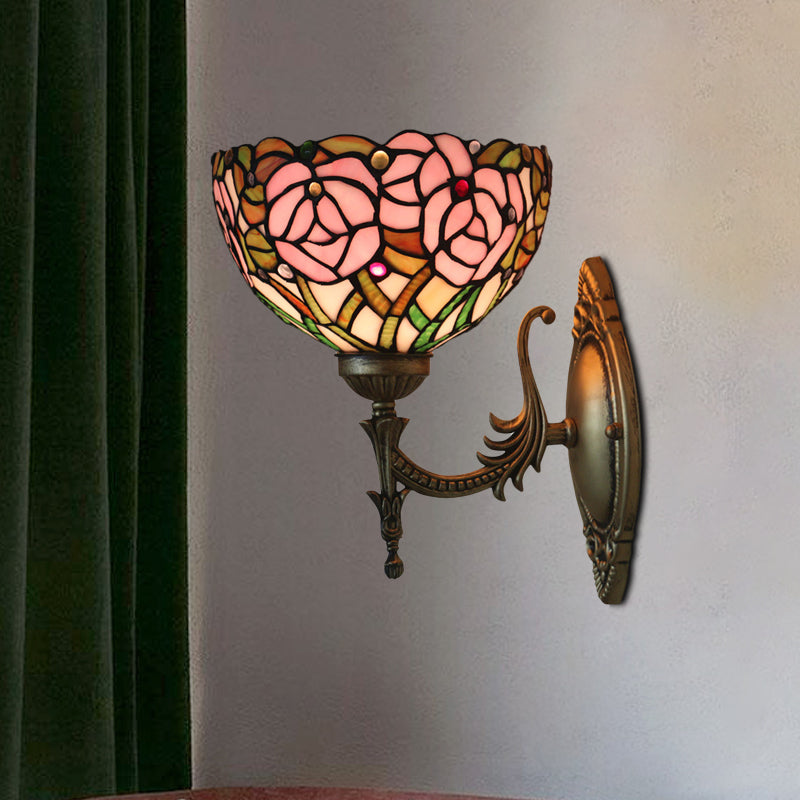 Avtoit | Pink Wall Mounted Lighting Tiffany 1 Lamp Glazed Glass Wall Lamp with Bronze Engraved Arm