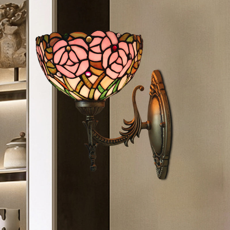 Avtoit | Pink Wall Mounted Lighting Tiffany 1 Lamp Glazed Glass Wall Lamp with Bronze Engraved Arm