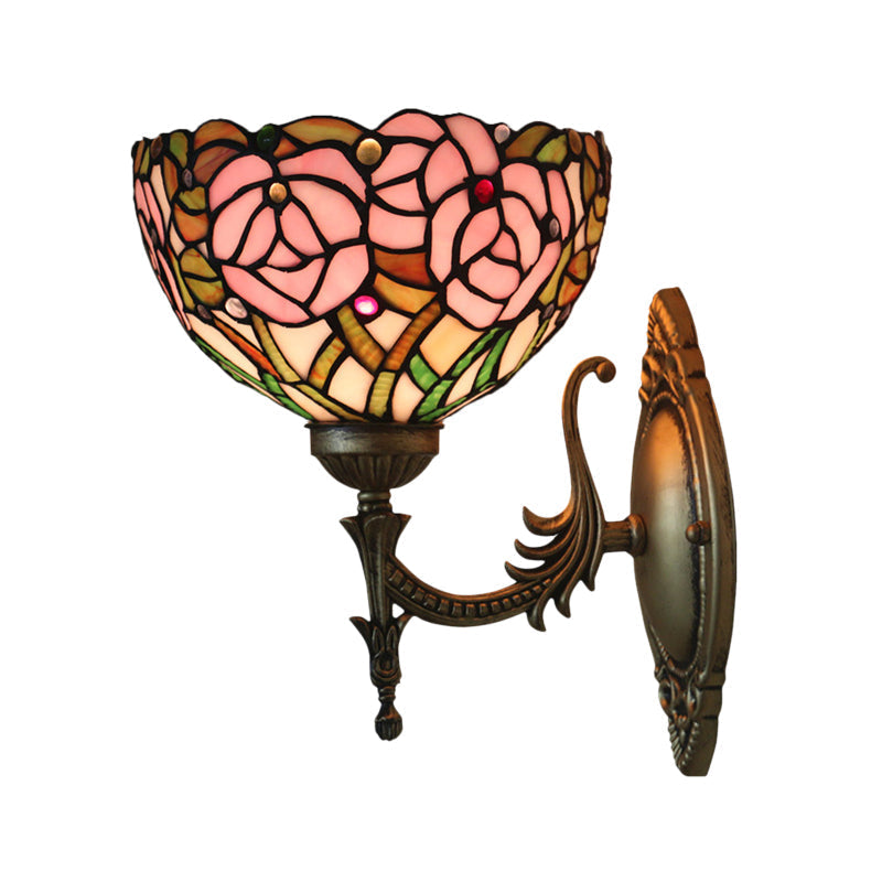 Avtoit | Pink Wall Mounted Lighting Tiffany 1 Lamp Glazed Glass Wall Lamp with Bronze Engraved Arm