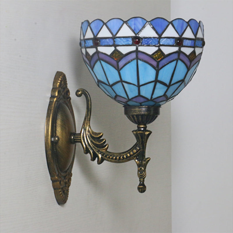 Avtoit | 1-Light Bedroom Wall Light Mediterranean Bronze Wall Sconce Fixture with Bowl Blue Glass Shade