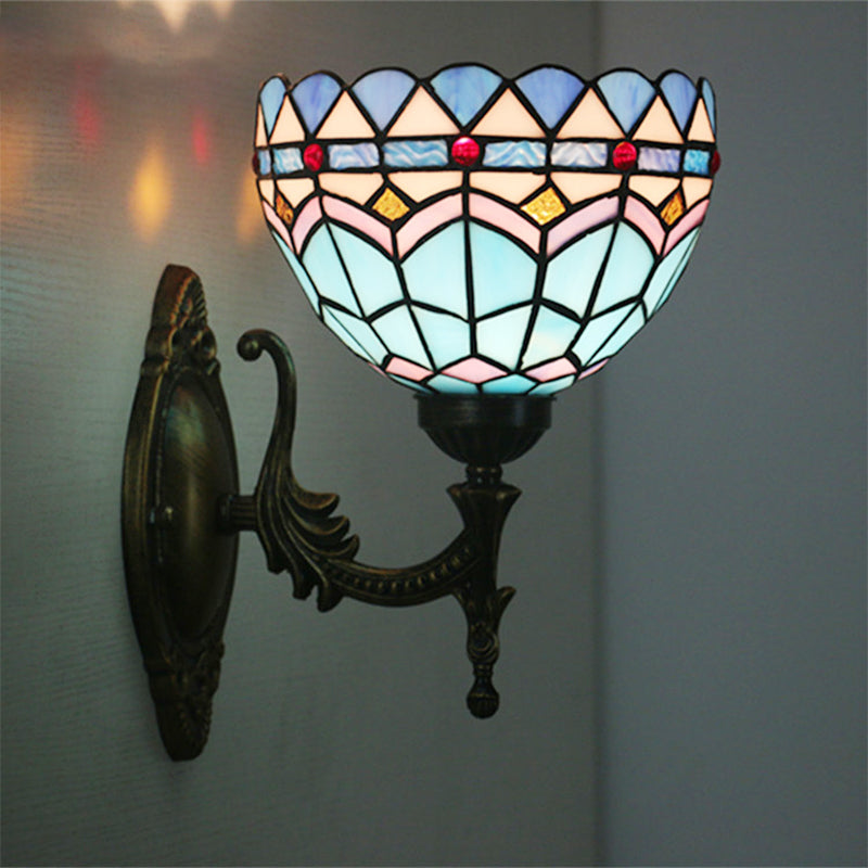 Avtoit | 1-Light Bedroom Wall Light Mediterranean Bronze Wall Sconce Fixture with Bowl Blue Glass Shade