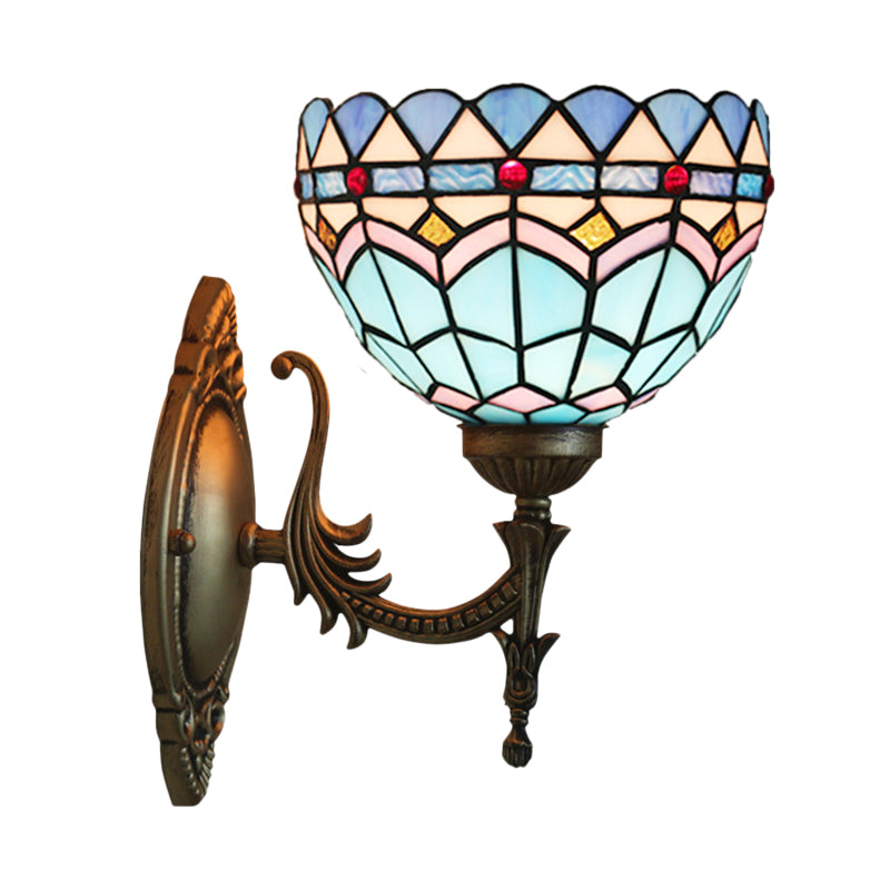 Avtoit | 1-Light Bedroom Wall Light Mediterranean Bronze Wall Sconce Fixture with Bowl Blue Glass Shade