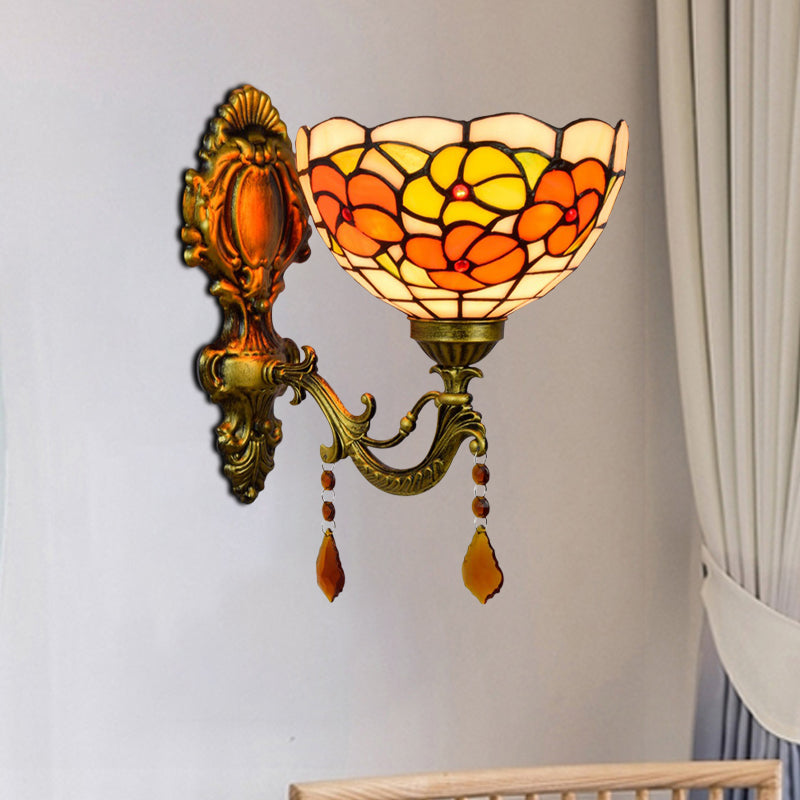 Avtoit | Leaf Pattern Bowl Stained Glass Wall Lamp Tiffany 1 Head Orange/Purple/Red Wall Mount