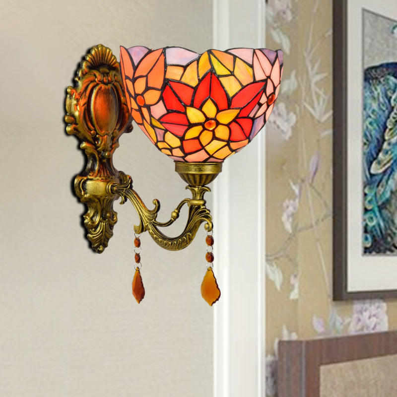 Avtoit | Leaf Pattern Bowl Stained Glass Wall Lamp Tiffany 1 Head Orange/Purple/Red Wall Mount