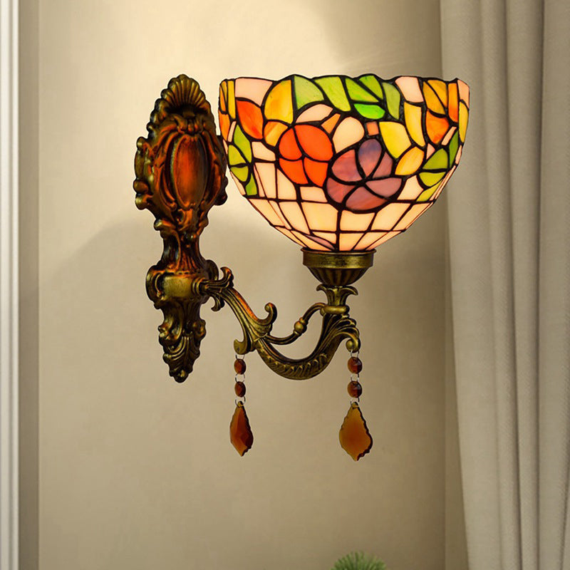 Avtoit | Leaf Pattern Bowl Stained Glass Wall Lamp Tiffany 1 Head Orange/Purple/Red Wall Mount
