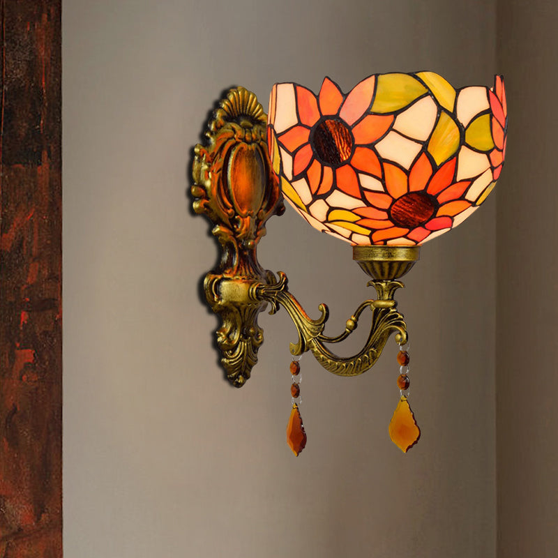 Avtoit | Sheepflower Pattern Dome Wall Lamp 1 Bulb Cut Glass Tiffany Wall Lighting Fixture with Brass Curved Arm