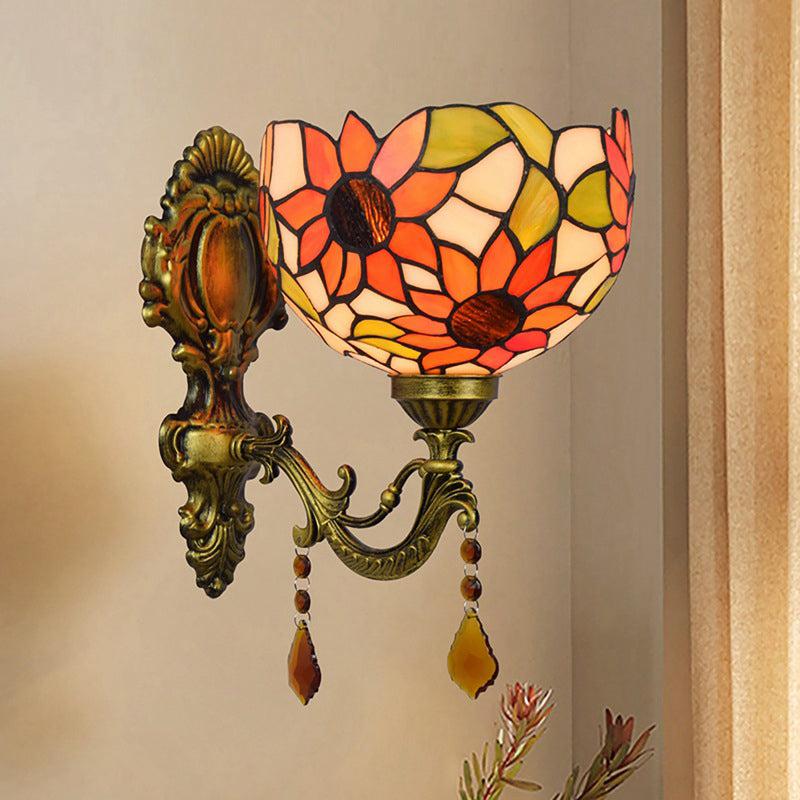 Avtoit | Sheepflower Pattern Dome Wall Lamp 1 Bulb Cut Glass Tiffany Wall Lighting Fixture with Brass Curved Arm