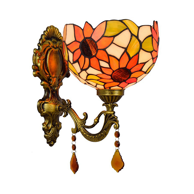 Avtoit | Sheepflower Pattern Dome Wall Lamp 1 Bulb Cut Glass Tiffany Wall Lighting Fixture with Brass Curved Arm