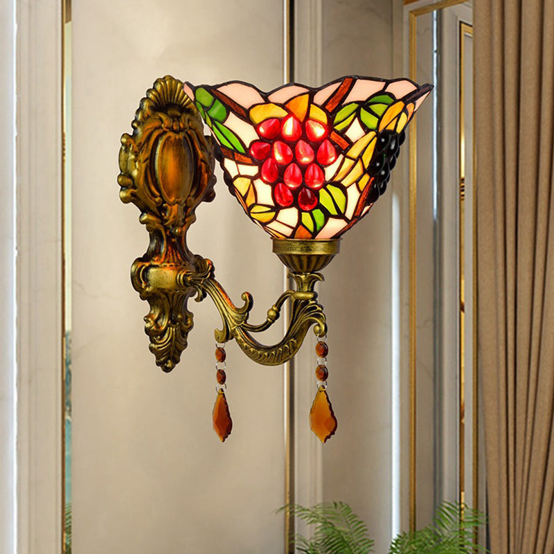 Avtoit | Single-Bulb Wall Sconces Tiffany Flared Stained Glass Wall Mount Light with Grape Pattern in Brass