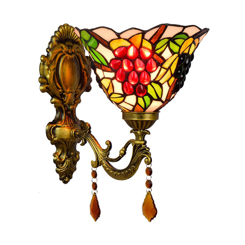 Avtoit | Single-Bulb Wall Sconces Tiffany Flared Stained Glass Wall Mount Light with Grape Pattern in Brass