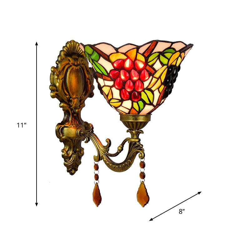 Avtoit | Single-Bulb Wall Sconces Tiffany Flared Stained Glass Wall Mount Light with Grape Pattern in Brass