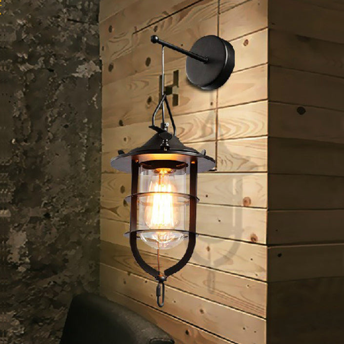Avtoit | 1 Bulb Cage Wall-Mounted Light Fixture Industrial Black Clear Glass Lighting for Porch
