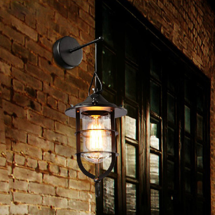 Avtoit | 1 Bulb Cage Wall-Mounted Light Fixture Industrial Black Clear Glass Lighting for Porch
