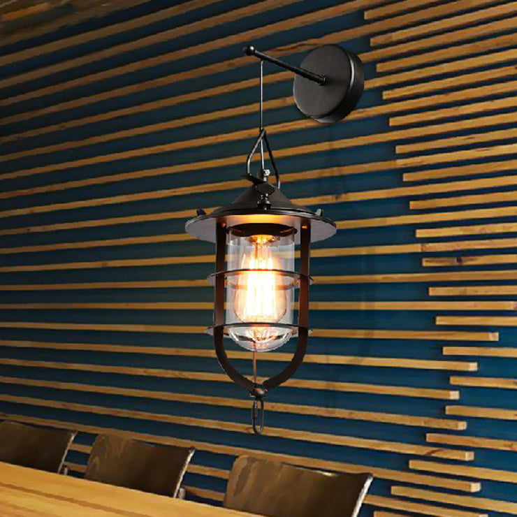 Avtoit | 1 Bulb Cage Wall-Mounted Light Fixture Industrial Black Clear Glass Lighting for Porch