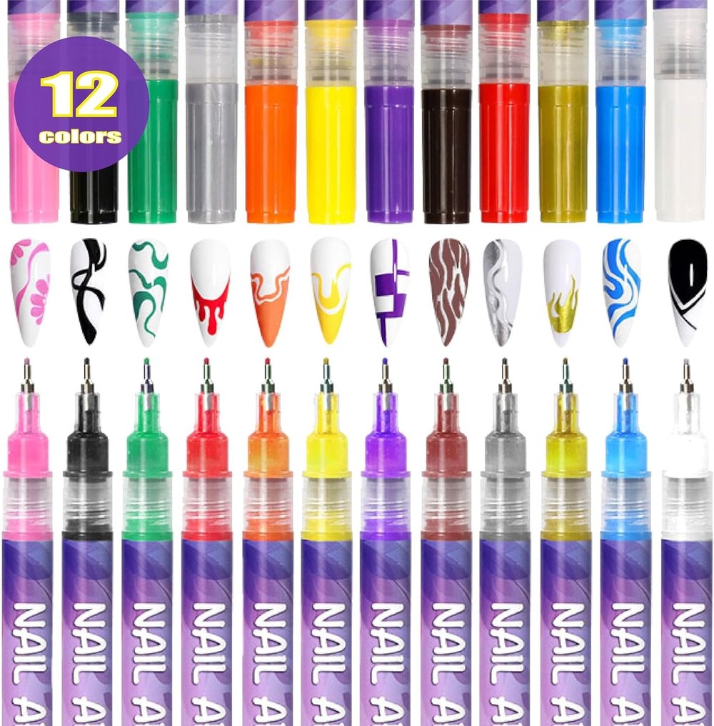 Avtoit | 12 Colors Nail Art Pens — Acrylic Nail Design Set with Fine Tip
