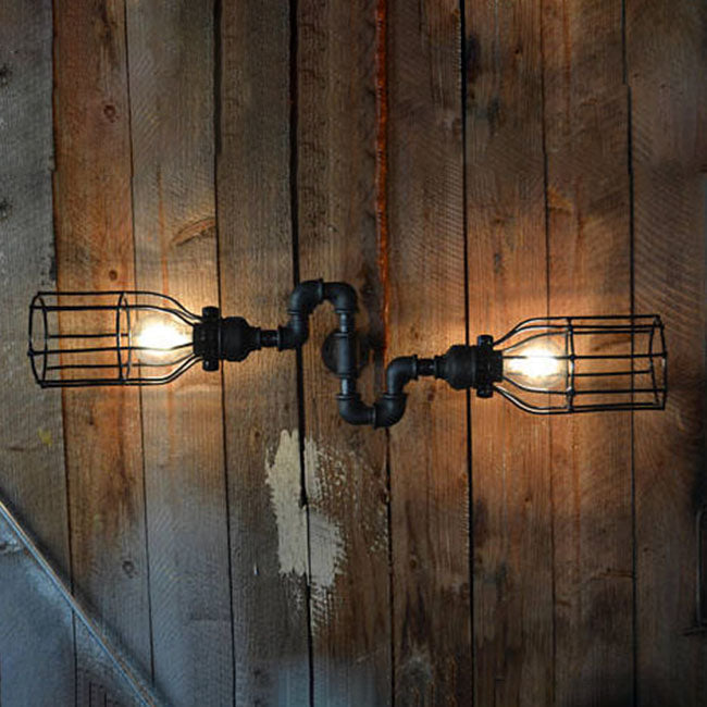 Avtoit | Black Wire Frame Wall Light with Pipe Rustic Metal 2 Lights Restaurant Wall Light Light