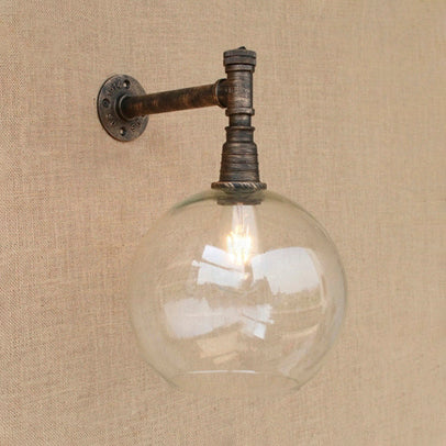 Avtoit | Iron bronze wall lamp fixture pipe 1 head antique style wall mount light with global glass shade, 8"/12" wide