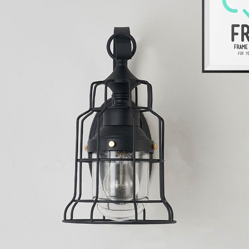 Avtoit | 1 Light Bell Shade Wall Lamp Industrial Black Glass Wall Lamp for Corridor with Metal Cage Frame