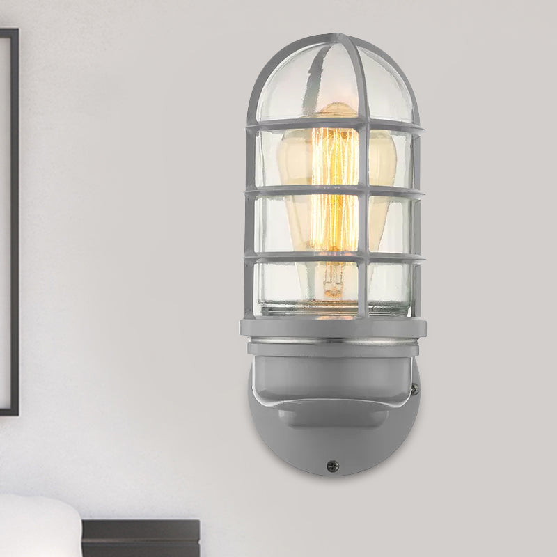 Avtoit | Cylinder Clear Glass Wall Mounted Lamp Industrial Single Bulb Living Room Wall Light in Pink/Blue/Green with Cage