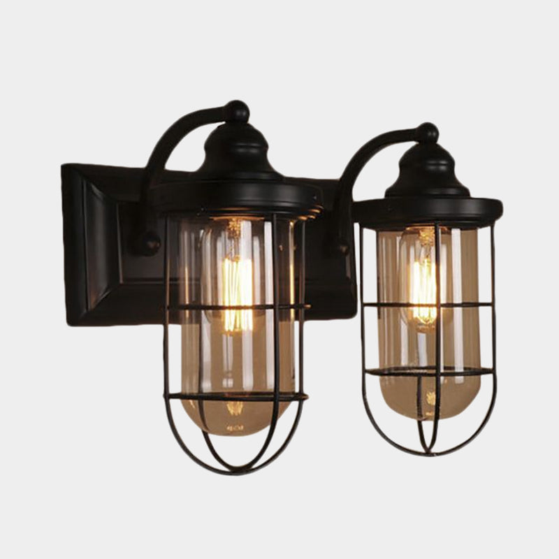 Avtoit | Industrial wire cage wall lighting 1/2-lamp clear glass wall lamp in black for stairs.