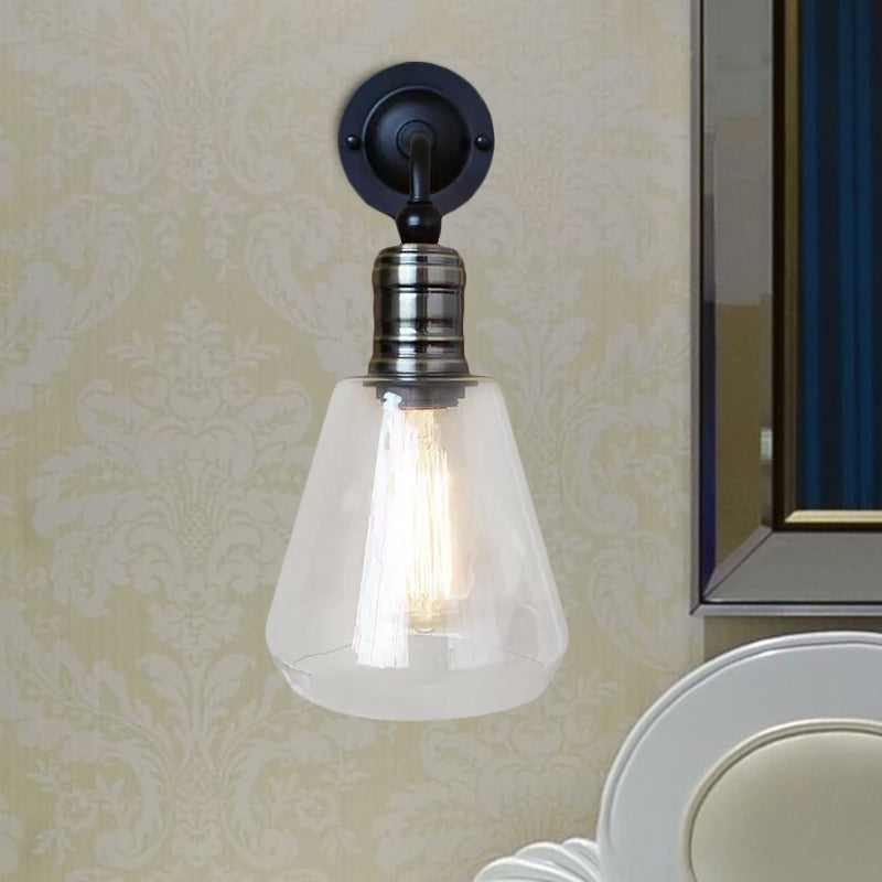 Avtoit | Rustic Style Tapered Shade Wall Lighting Fixture Single Gloss Clear Glass Wall Lamp in Black for Kitchen
