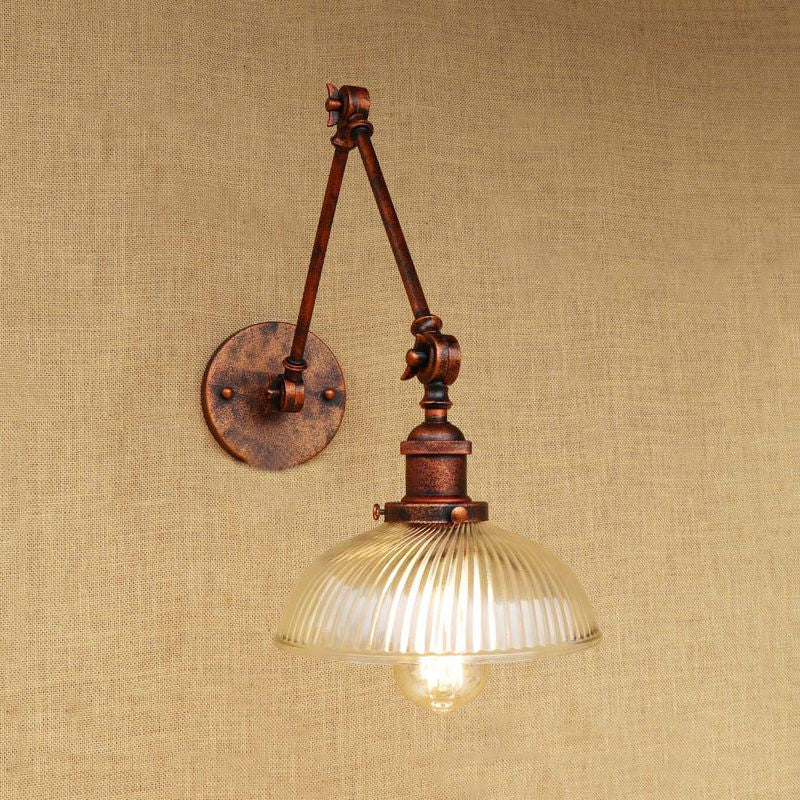 Avtoit | 1 Light Ribbed Glass Wall Lamp Light Industrial Antique Brass/Black/Rust Dome Living Room Lighting Fixture with Swing Arm