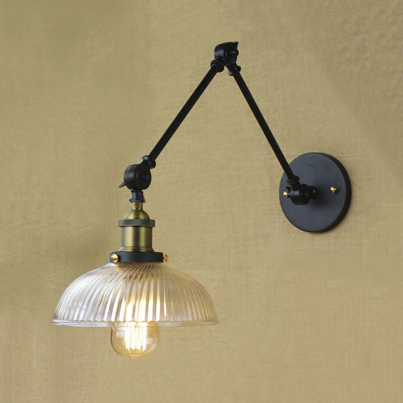 Avtoit | 1 Light Ribbed Glass Wall Lamp Light Industrial Antique Brass/Black/Rust Dome Living Room Lighting Fixture with Swing Arm