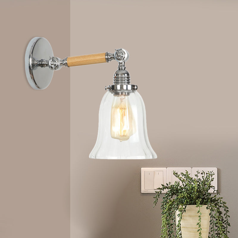 Avtoit | 1 Light Clear Textured Glass Wall Sconce Light Vintage Chrome Bell Living Room Lighting Fixture, 8"/4"/6" Wide Wooden Arm