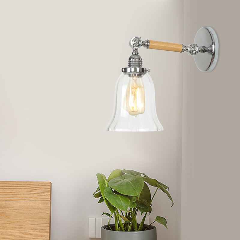 Avtoit | 1 Light Clear Textured Glass Wall Sconce Light Vintage Chrome Bell Living Room Lighting Fixture, 8"/4"/6" Wide Wooden Arm