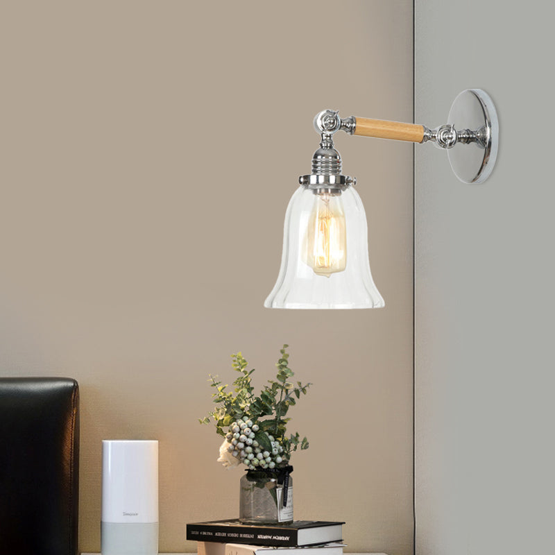 Avtoit | 1 Light Clear Textured Glass Wall Sconce Light Vintage Chrome Bell Living Room Lighting Fixture, 8"/4"/6" Wide Wooden Arm
