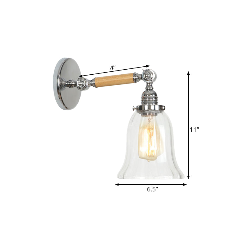 Avtoit | 1 Light Clear Textured Glass Wall Sconce Light Vintage Chrome Bell Living Room Lighting Fixture, 8"/4"/6" Wide Wooden Arm