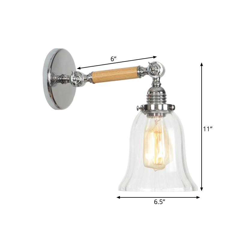 Avtoit | 1 Light Clear Textured Glass Wall Sconce Light Vintage Chrome Bell Living Room Lighting Fixture, 8"/4"/6" Wide Wooden Arm