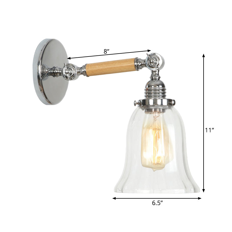 Avtoit | 1 Light Clear Textured Glass Wall Sconce Light Vintage Chrome Bell Living Room Lighting Fixture, 8"/4"/6" Wide Wooden Arm