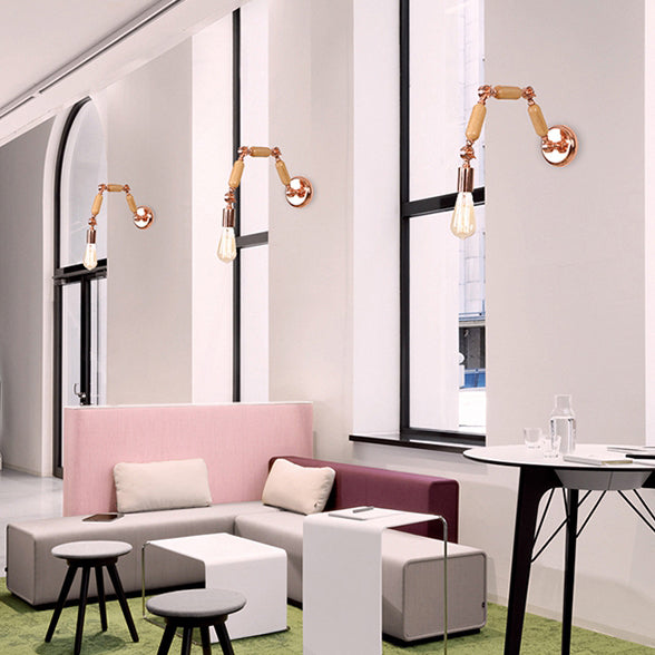 Avtoit | 1 Headable Light Bulb Wall Lamp Industrial Style Rose Gold Wood and Metal Wall Light with Triple Joint