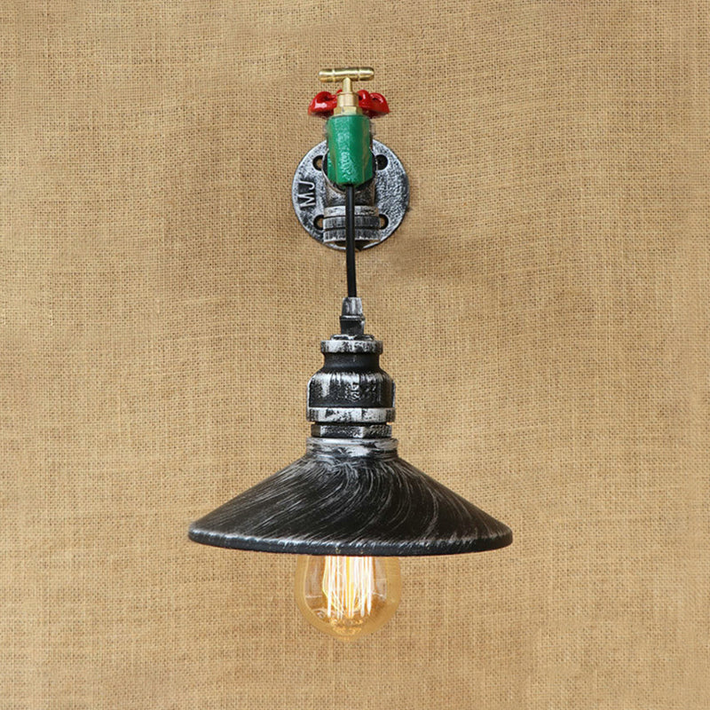 Avtoit | Steampunk Wall Lamp with Conical Shade 1 Lamp Cast Iron Wall Light in Aged Silver